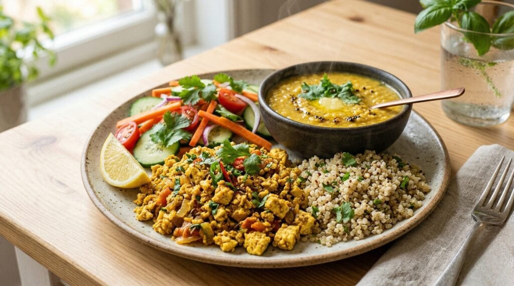 High protein Indian meal with paneer bhurji moong dal and quinoa