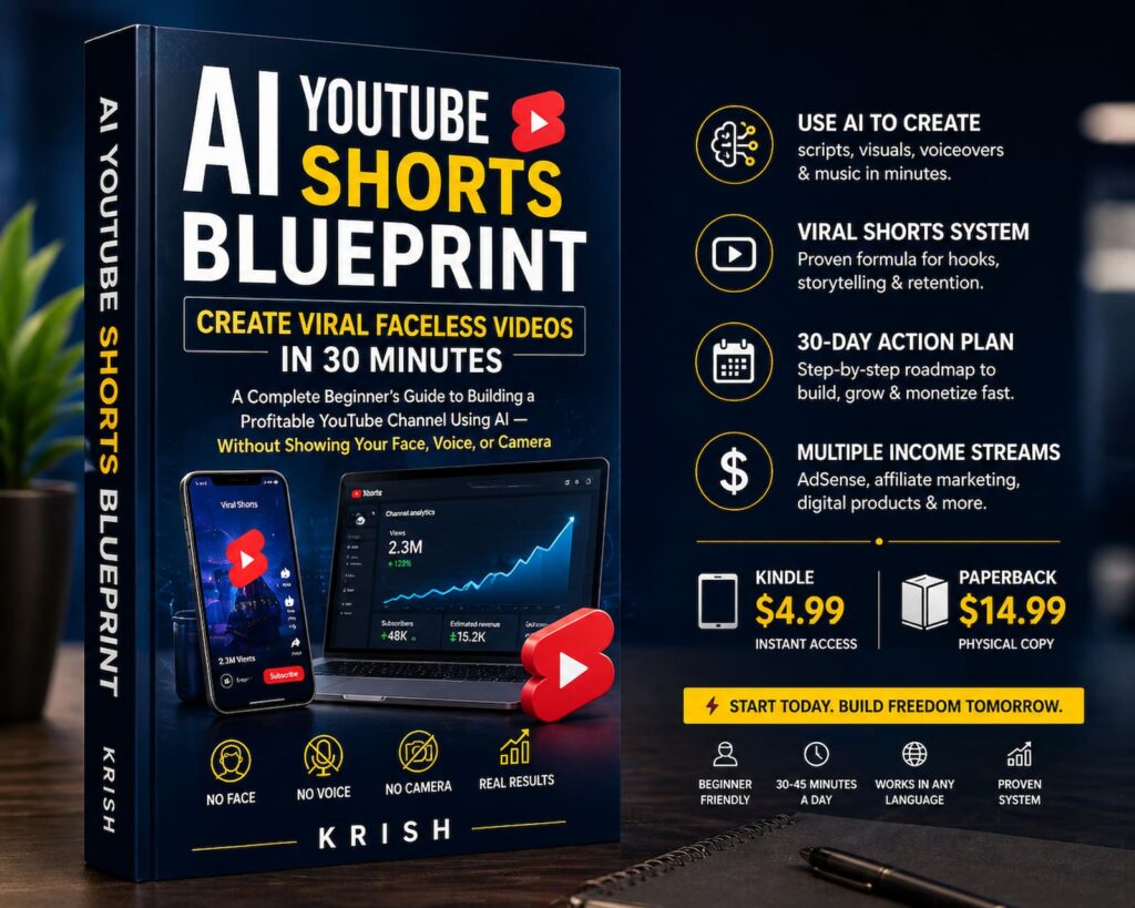 AI YouTube Shorts Blueprint book cover by Krish showing how to create viral faceless YouTube videos using AI without showing face voice or camera