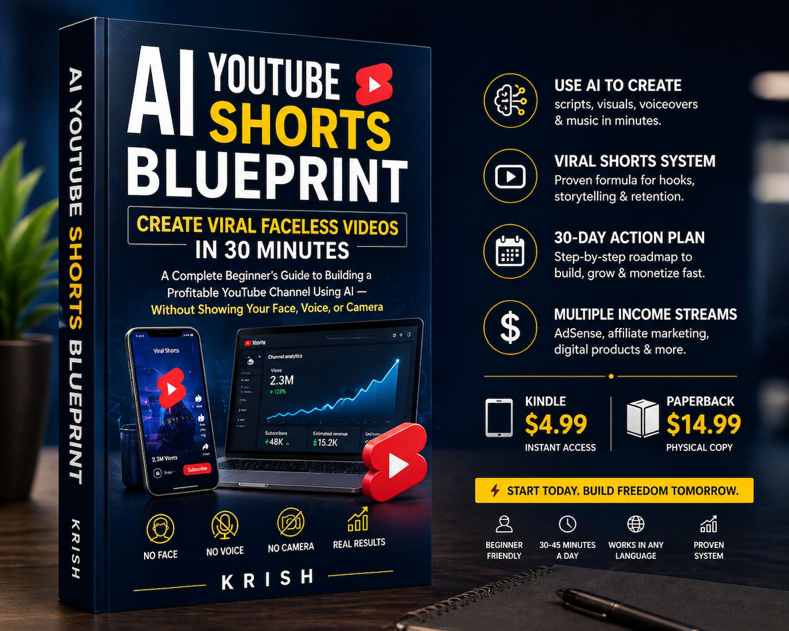 AI YouTube Shorts Blueprint book cover by Krish — GrowRain Creator Series 2026