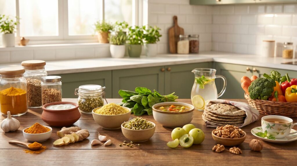 Healthy anti-inflammatory Indian diet plan with curd, millets, leafy greens, turmeric, moong dal, nuts, vegetable soup, and gut-friendly foods for weight loss and digestion support