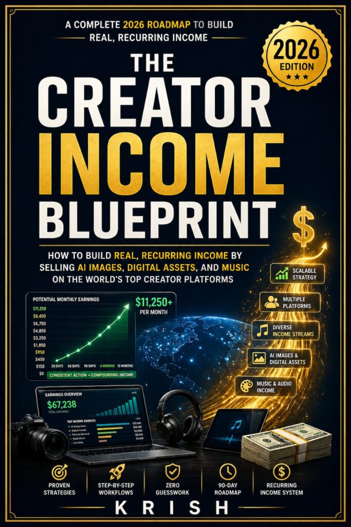 The Creator Income Blueprint book cover showing AI image monetization, digital assets, music income, and recurring creator revenue strategies for 2026