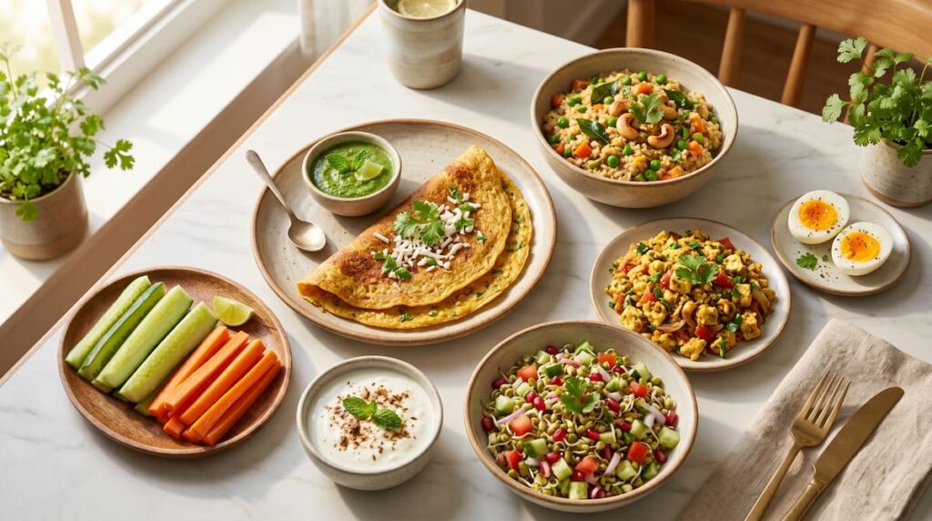 7-day diabetes breakfast plan India with low GI foods like moong chilla oats paneer eggs and sprouts