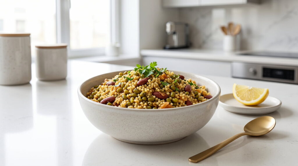 Foxtail millet breakfast recipe with moong and rajma served in a healthy Indian breakfast bowl top view