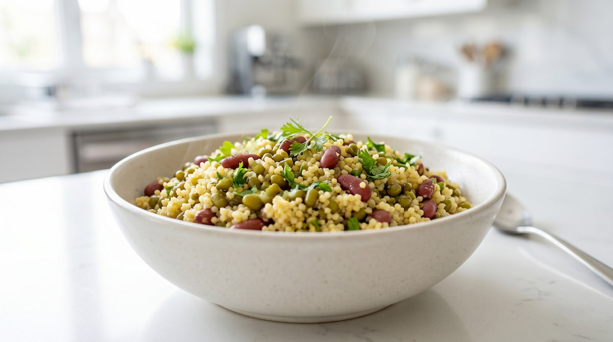 Foxtail millet moong rajma breakfast bowl closeup