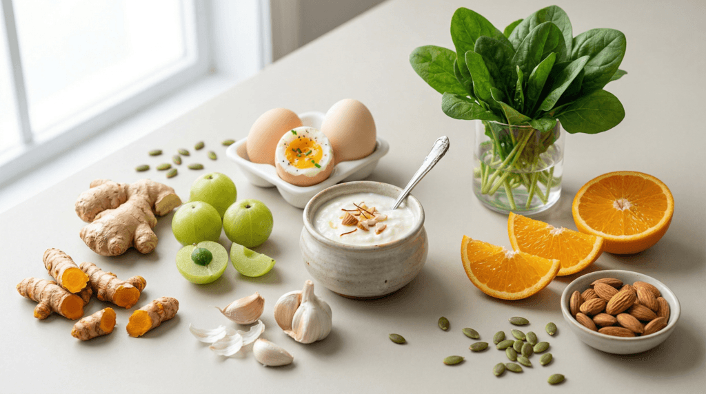 10 immunity boosting foods in India including amla garlic turmeric curd almonds eggs spinach orange pumpkin seeds