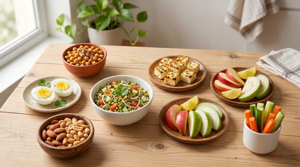 Low GI snacks for diabetes in India including sprouts paneer eggs nuts fruits for blood sugar control