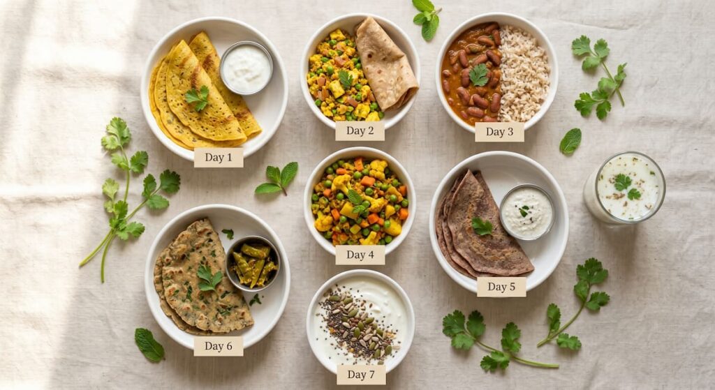 7-day PCOS Indian diet plan showing daily hormone-friendly meals for weight loss and insulin balance