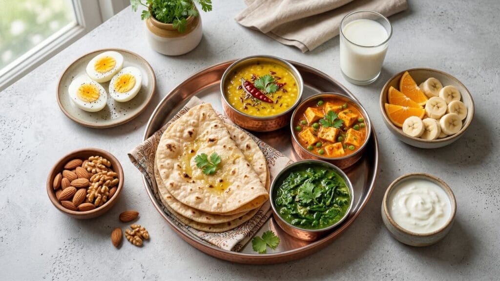 7 day Indian pregnancy diet plan balanced meal roti dal paneer vegetables milk eggs fruits