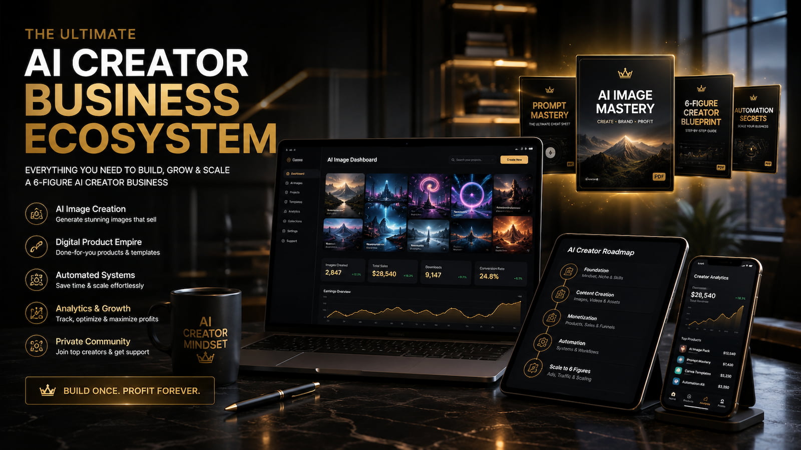 Premium AI creator income system dashboard and digital product ecosystem workspace