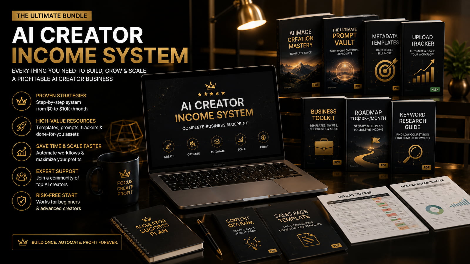 AI creator income system digital product bundle stack mockup