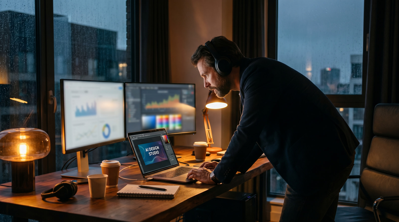 Digital creator working in premium AI content creation workspace