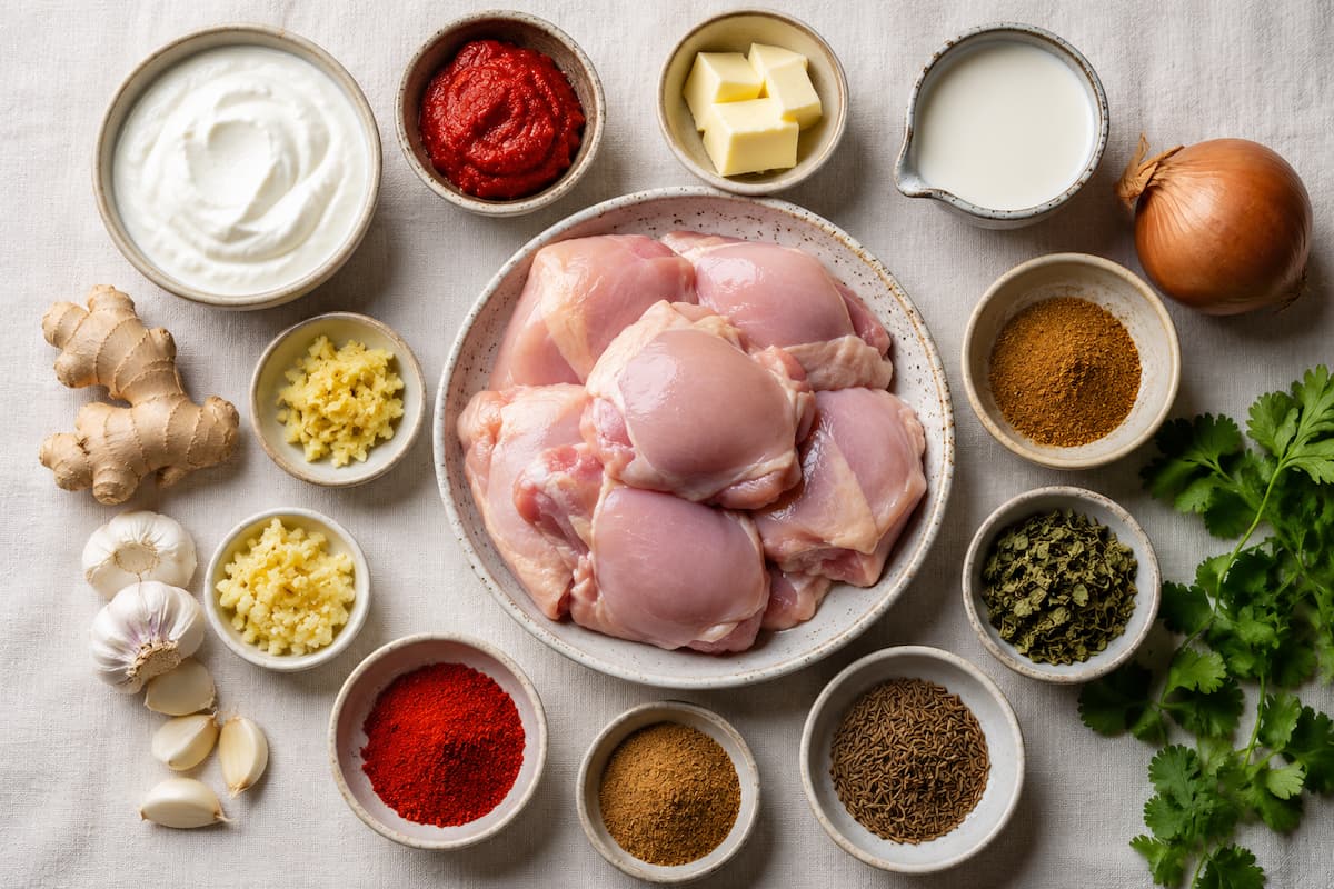 All ingredients for butter chicken laid out on warm linen — chicken thighs, Greek yogurt, Kashmiri chilli powder, garam masala, double-concentrated tomato paste, heavy cream, unsalted butter, garlic, ginger and kasuri methi