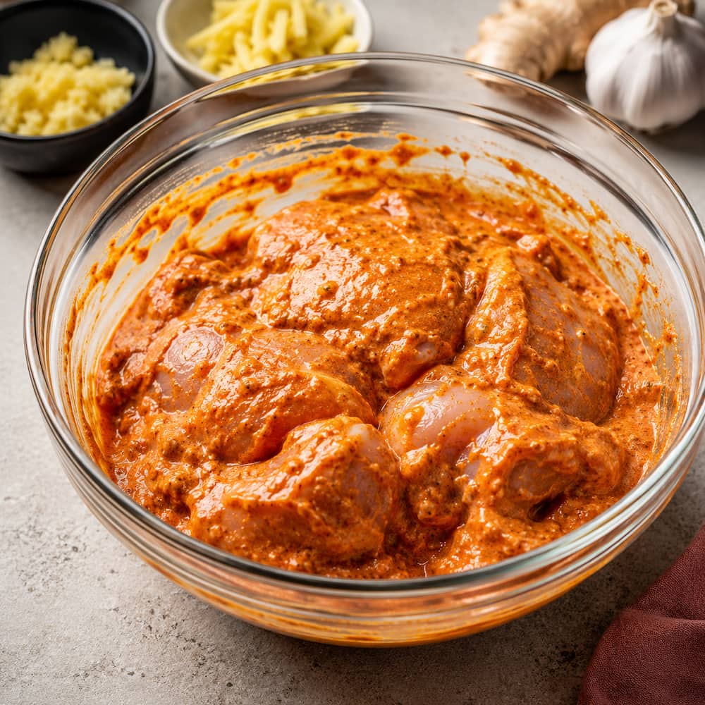 Bowl of vibrant rust-orange yogurt and spice marinade with raw chicken thigh pieces being coated, ready to refrigerate
