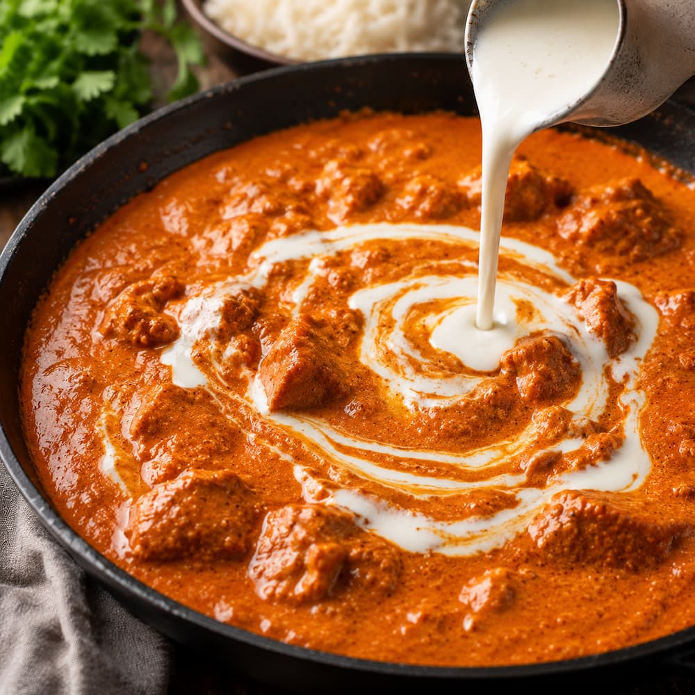 Heavy cream being poured in a slow steady stream into the deep orange-red butter chicken sauce, creating a swirling ribbon as it emulsifies