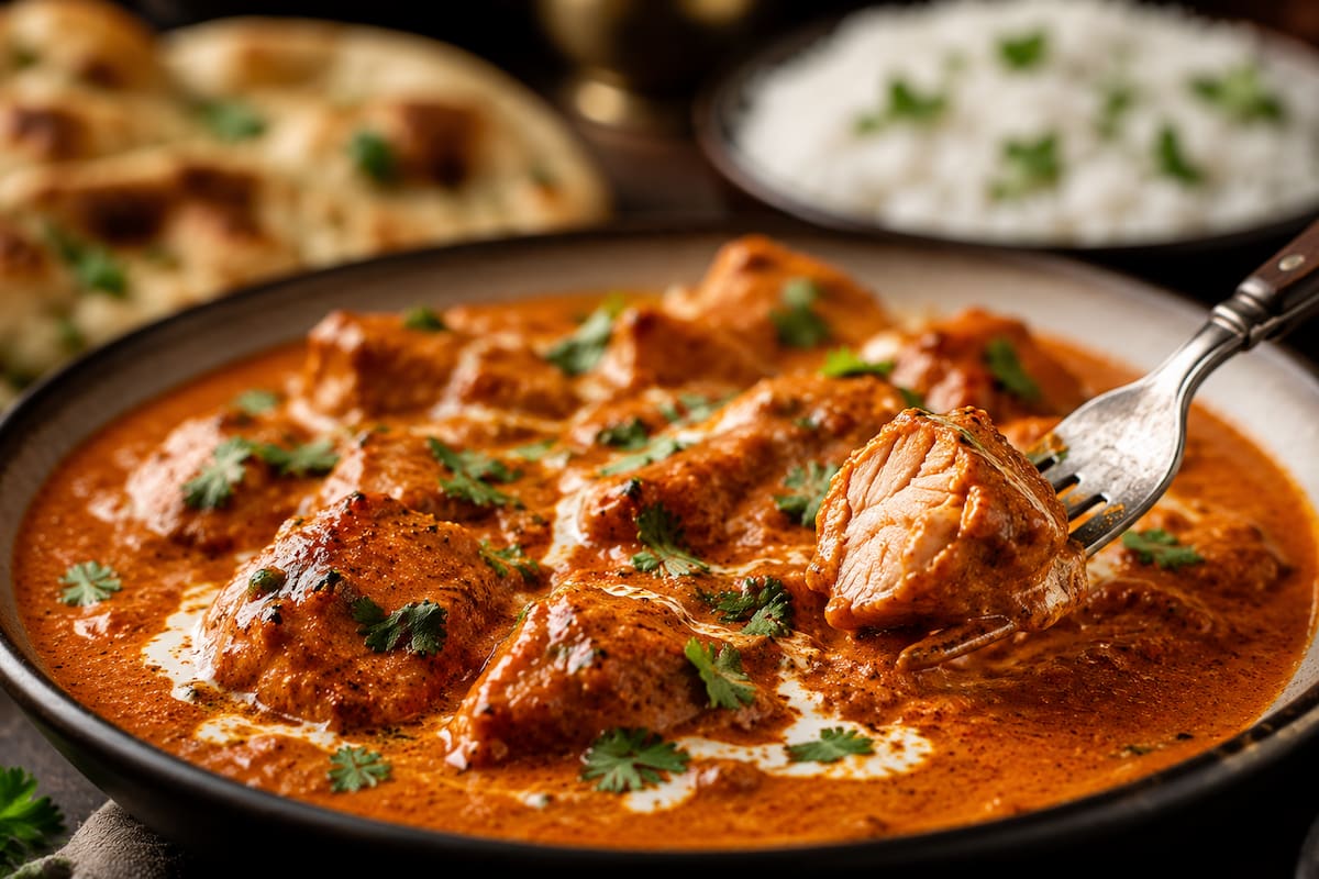 Close-up of butter chicken on a white ceramic plate, a fork lifting a piece of tender juicy chicken through the glossy cream-swirled sauce with fresh coriander