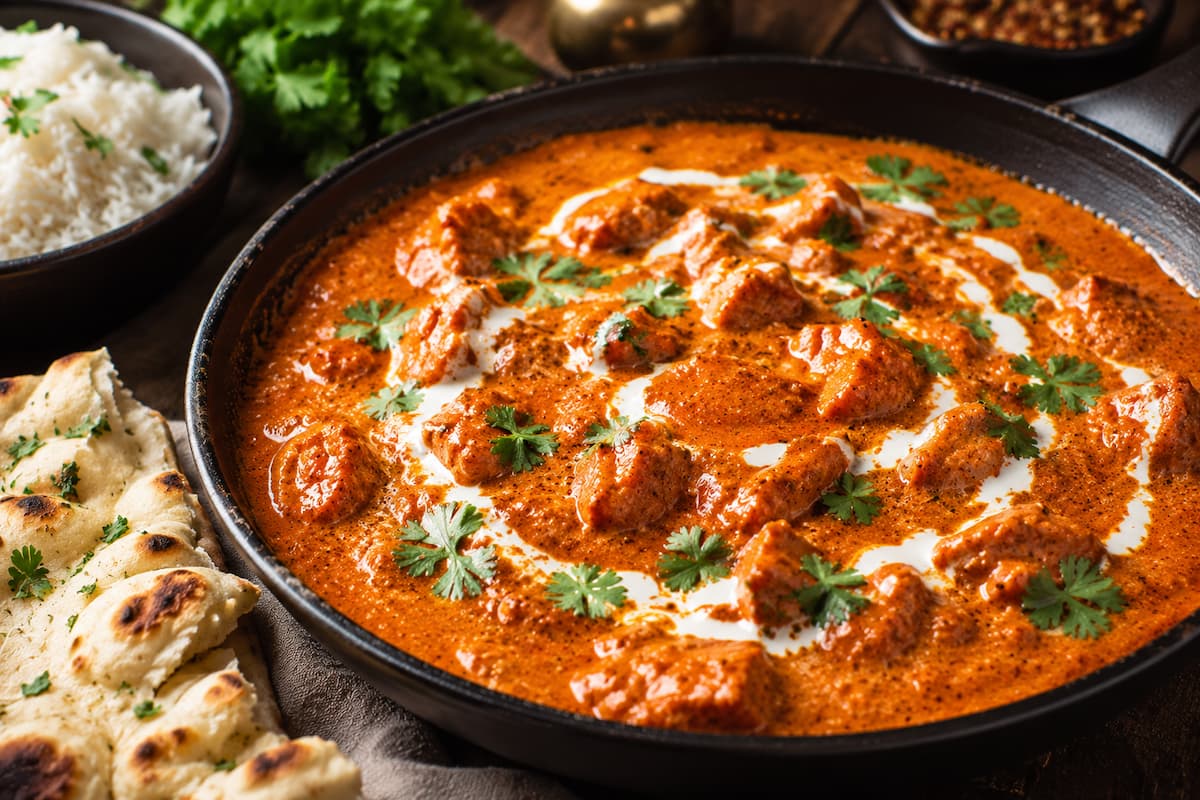 Glossy restaurant-style butter chicken in a dark skillet with cream swirl and fresh coriander — GrowRain featured recipe