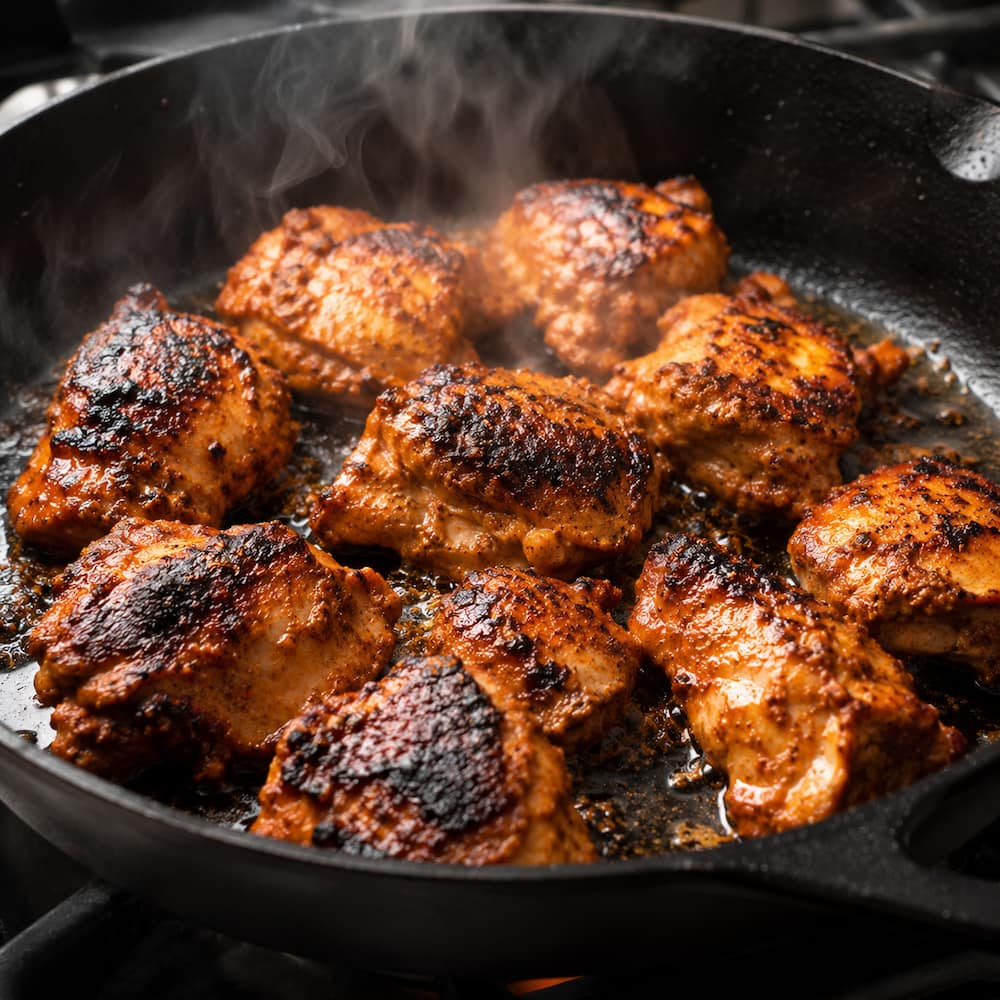 Marinated chicken thigh pieces searing in a cast-iron skillet with visible dark caramelised edges and wisps of steam rising from the pan