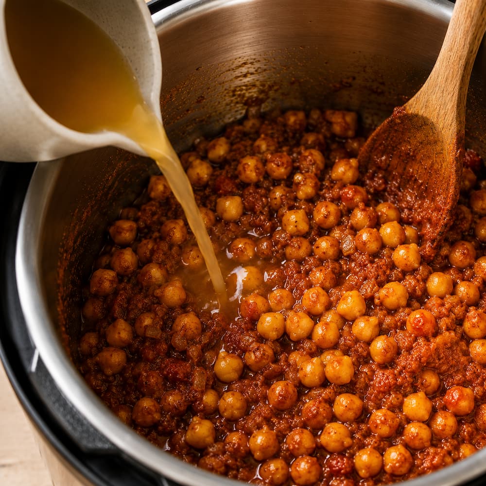 Chickpeas added to tomato masala in Instant Pot before pressure cooking