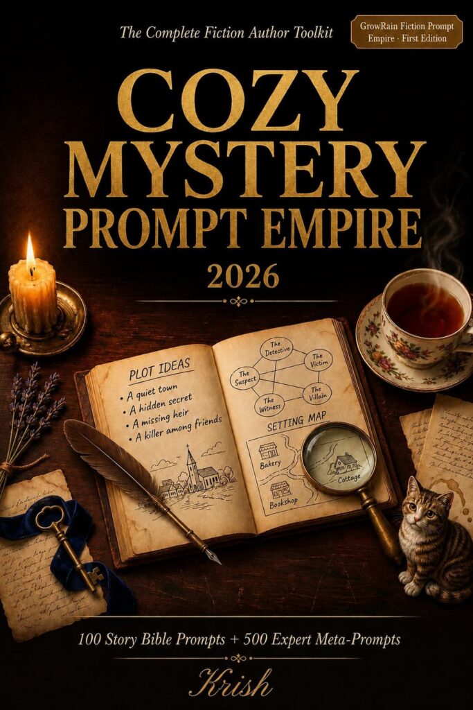 Cozy Mystery Prompt Empire 2026 book cover — 100 story bible prompts and 500 expert meta-prompts for cozy mystery writers