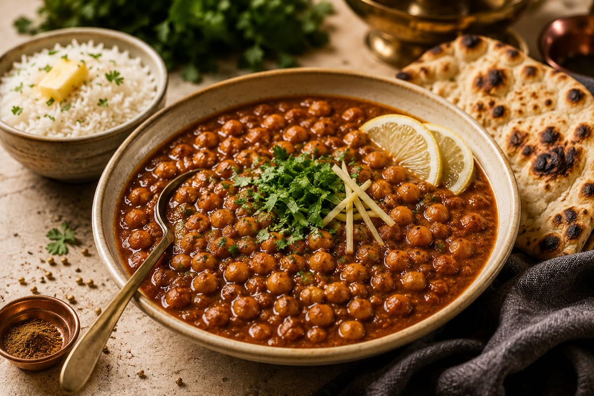 Finished Instant Pot Chana Masala plated with basmati rice, naan, and cilantro garnish