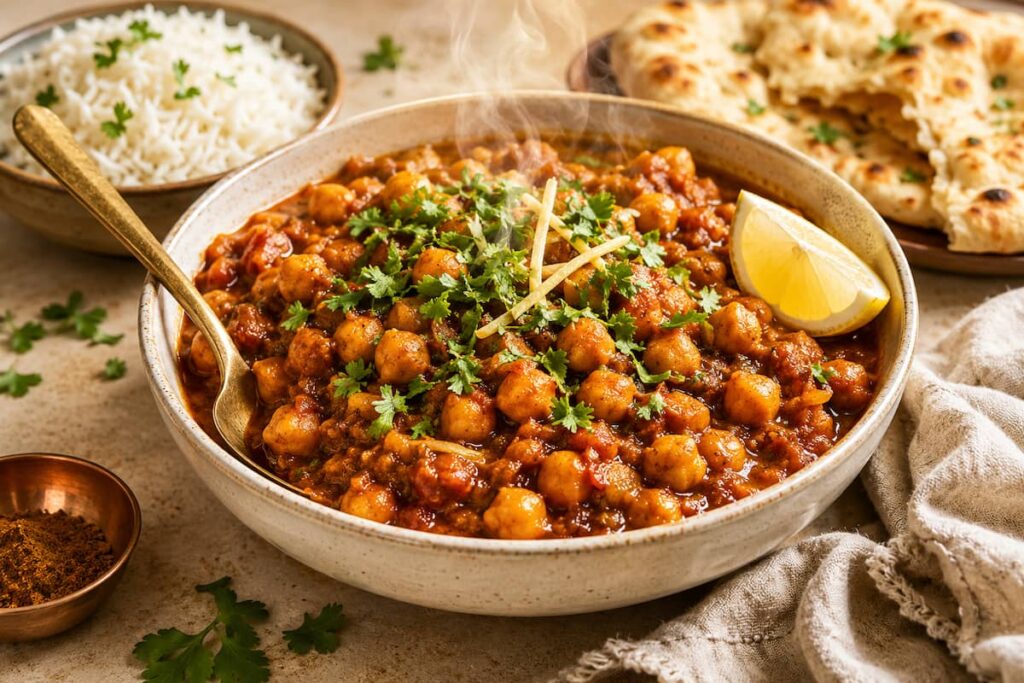 Instant Pot Chana Masala served in a bowl with cilantro garnish and basmati rice
