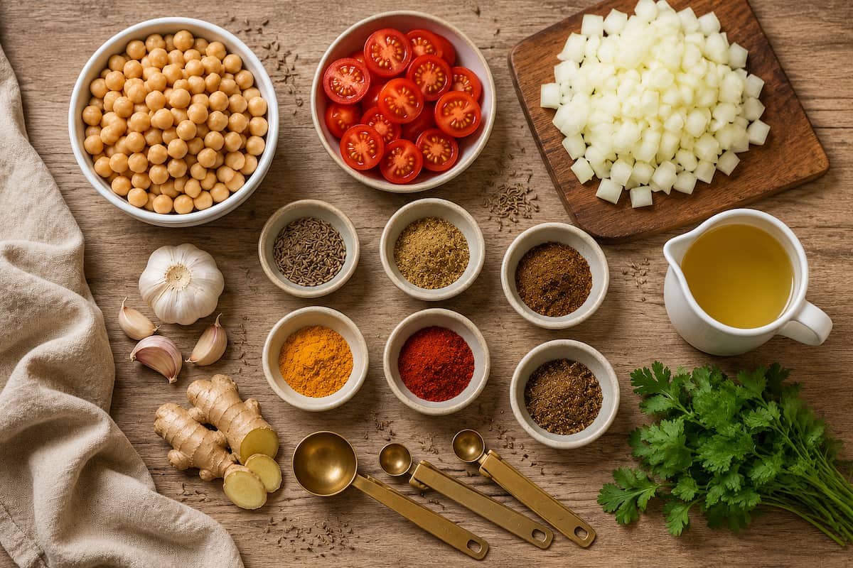 Ingredients for Instant Pot Chana Masala arranged on a wooden board