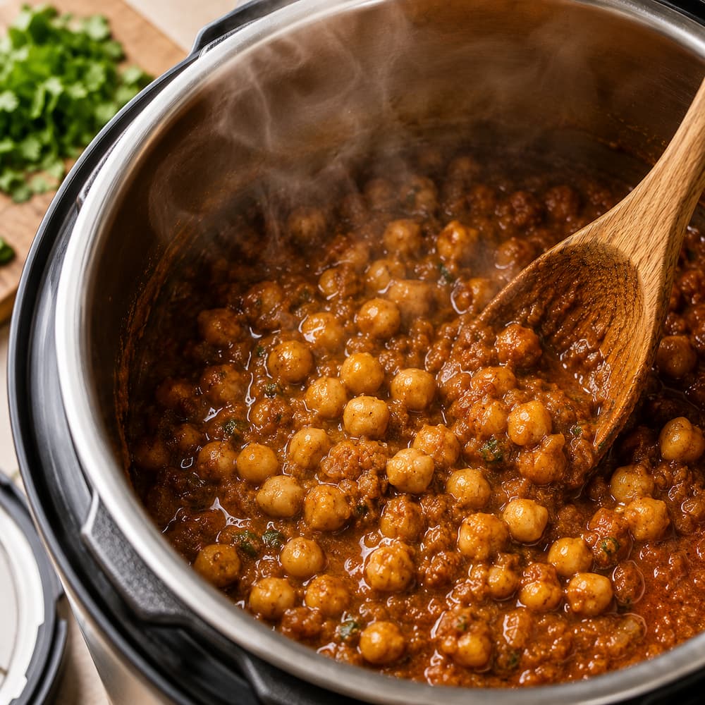 Finished Instant Pot Chana Masala after pressure cooking — thick and glossy