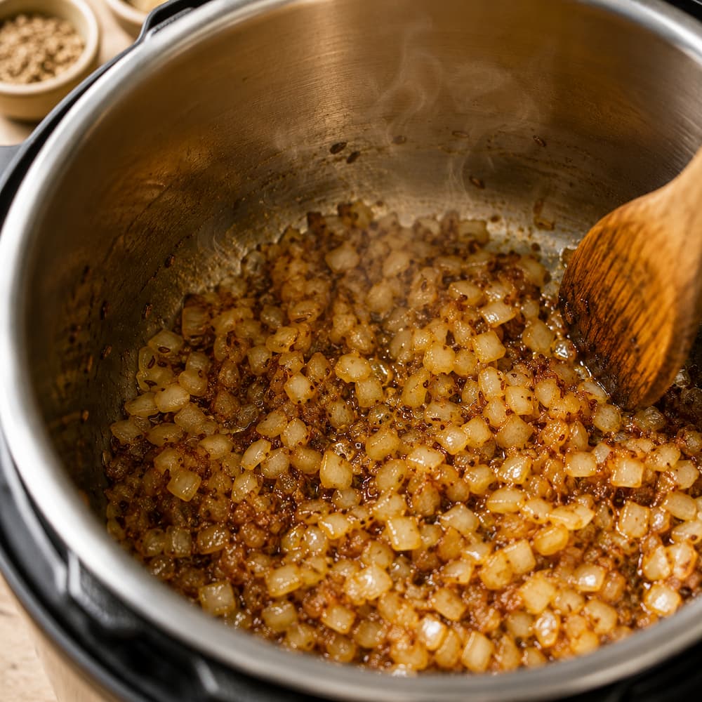 Onions and cumin seeds sautéing in Instant Pot for chana masala