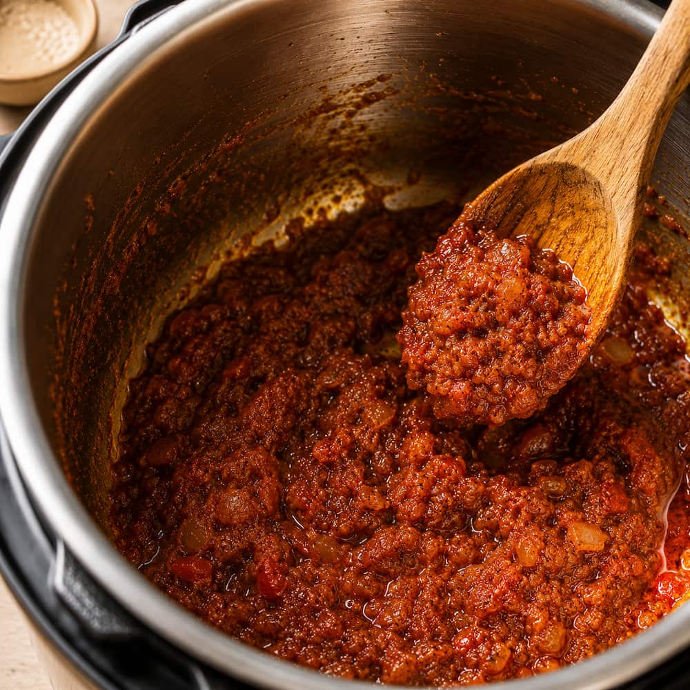 Thick tomato masala base cooking in the Instant Pot
