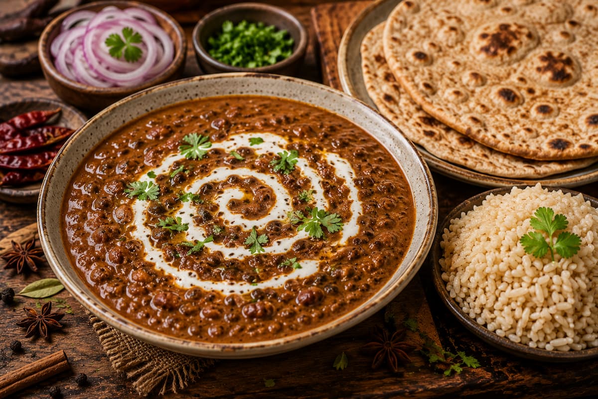 Finished Dal Makhani plated with basmati rice and roti