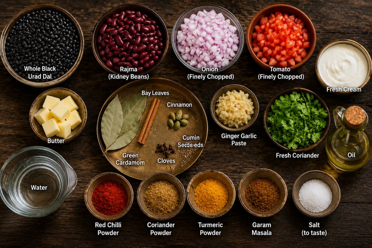 Ingredients for Dal Makhani arranged on a wooden board, including whole black urad dal, kidney beans, butter, cream, and spices