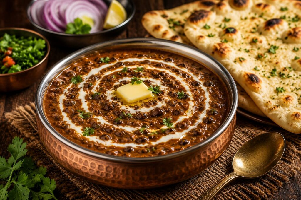Creamy Dal Makhani in a clay bowl topped with a swirl of cream and fresh coriander