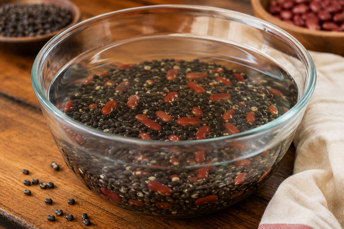 Whole black urad dal and kidney beans simmering in a pot of water
