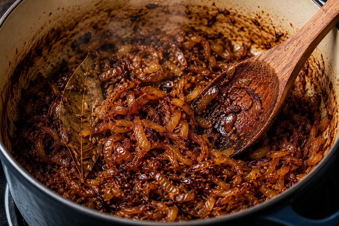 Onion deeply caramelised with cumin seeds and bay leaf in a pot