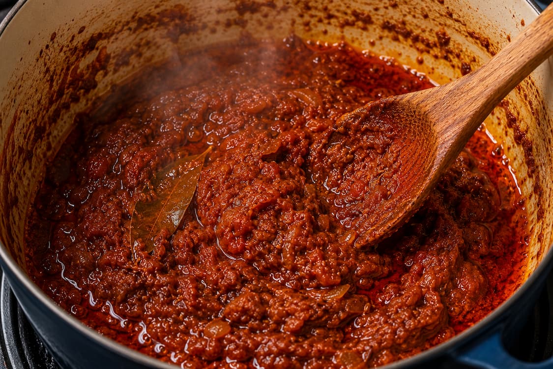 Deep brick-red tomato masala with oil pooling at the edges