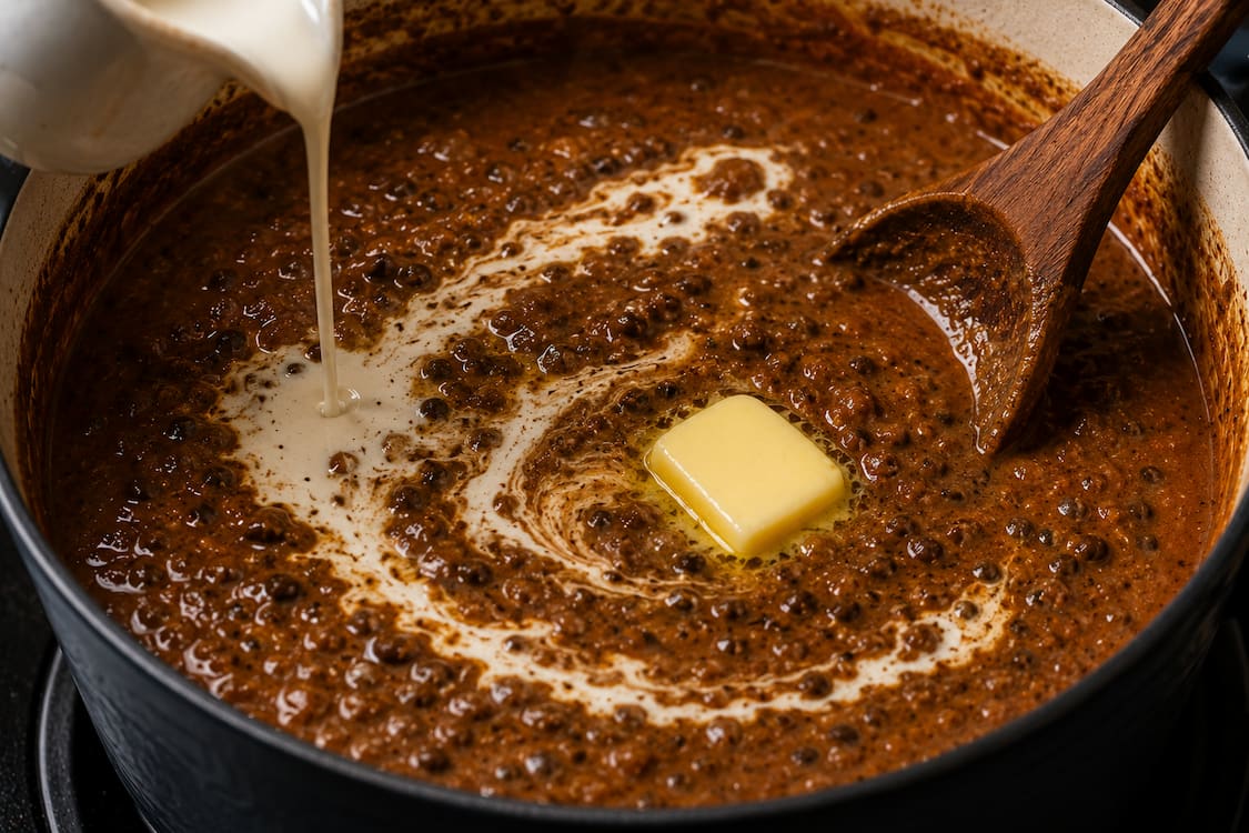 Cream and butter being stirred into simmering Dal Makhani